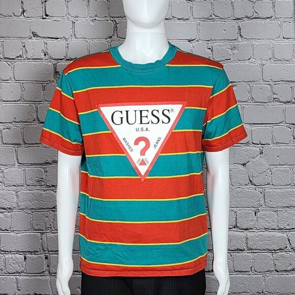 Guess Logo Orange/Green Striped T-Shirt, Men's Medium - Picture 2 of 11